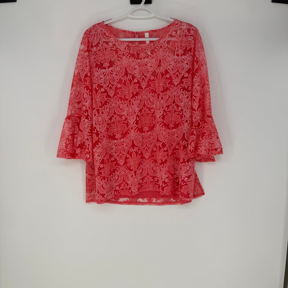 NY Collection Woman Blouse Womens 1X Red Damask Bell Sleeve Boho Romantic Fairy